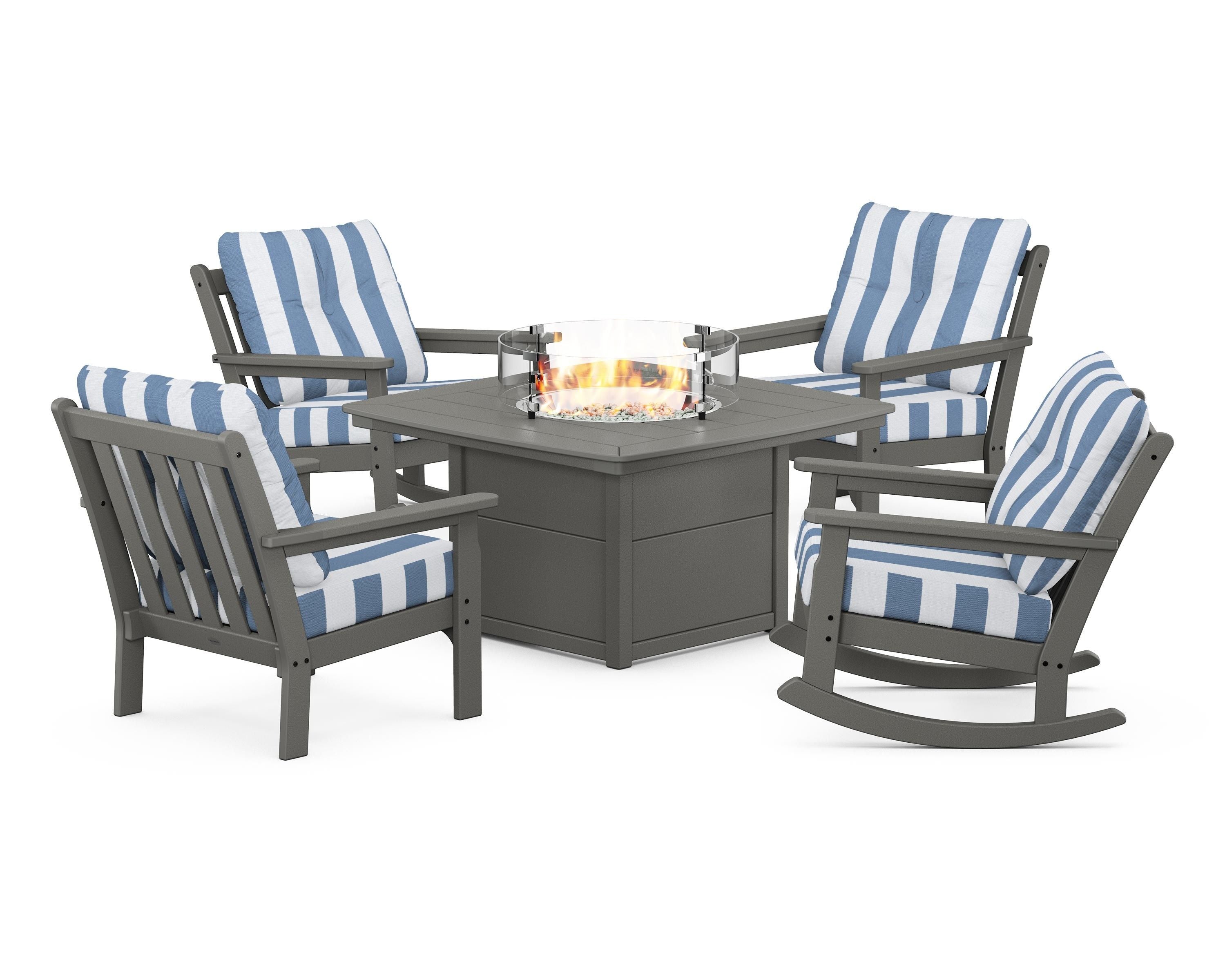 POLYWOOD® Vineyard 5-Piece Deep Seating Rocking Chair Conversation Set with Fire Pit Table in Slate Grey / Cabana Stripe Sky Blue