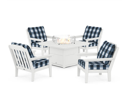 Country Living Cottage 5-Piece Deep Seating Set with Fire Pit Table in White / Buffalo Plaid Marine Indigo