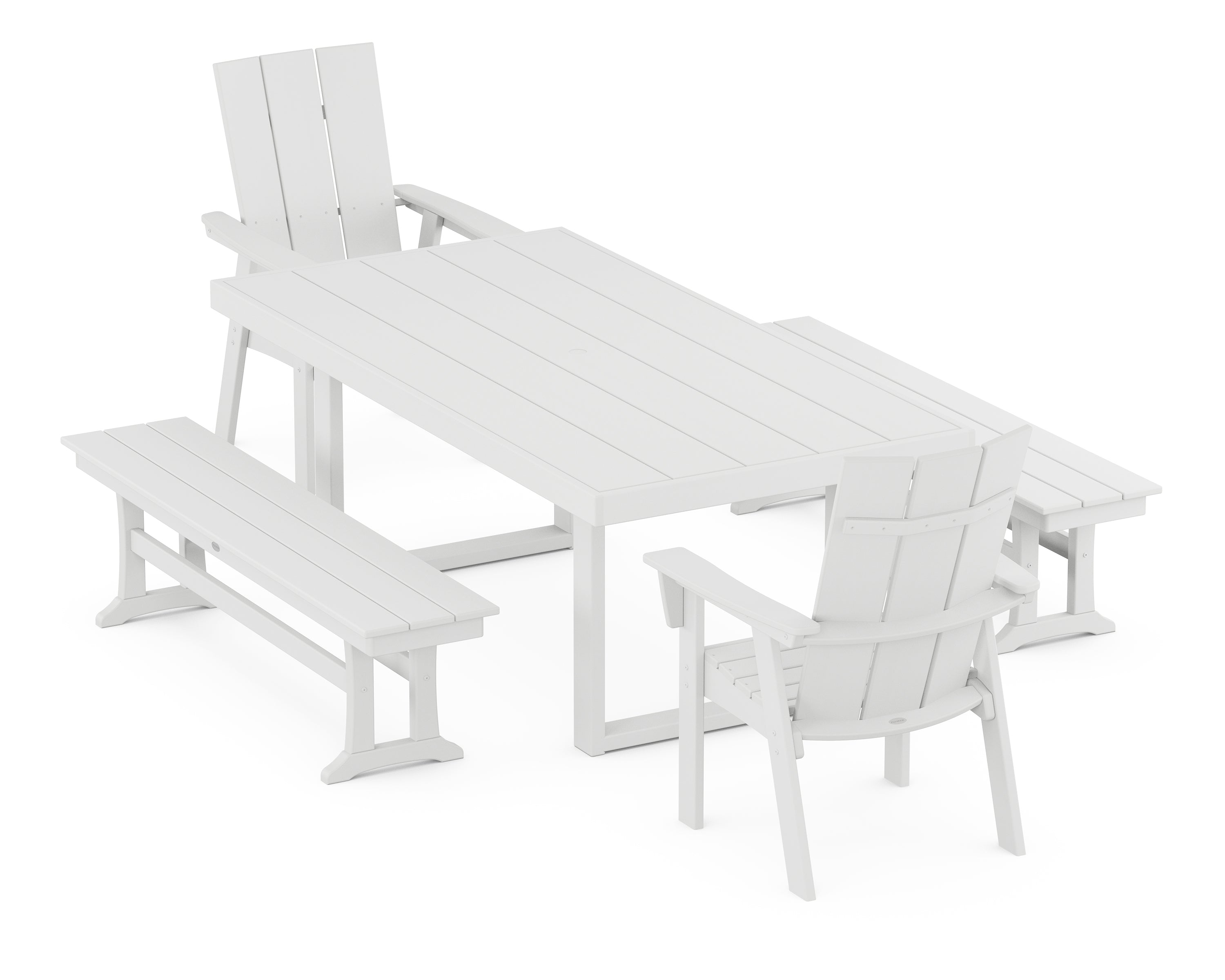 POLYWOOD® Modern Curveback Adirondack 5-Piece Dining Set with Benches in White