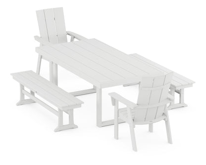 POLYWOOD® Modern Curveback Adirondack 5-Piece Dining Set with Benches in White