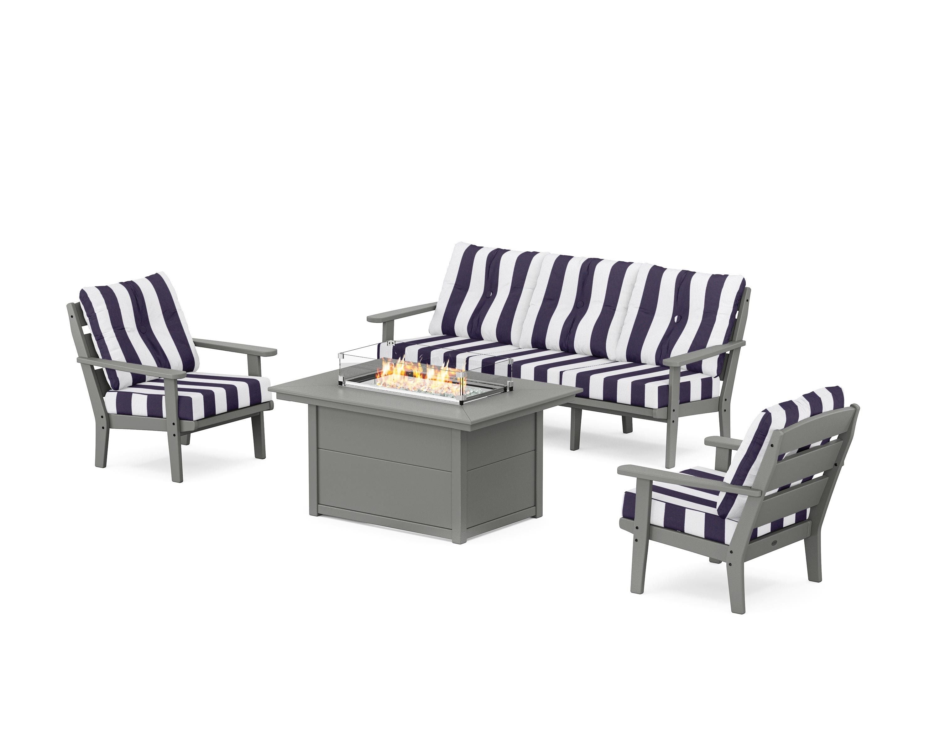 POLYWOOD® Lakeside Deep Seating Fire Pit Table Set in Slate Grey / Cabana Stripe Navy