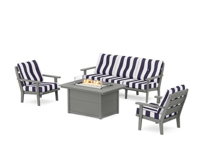 POLYWOOD® Lakeside Deep Seating Fire Pit Table Set in Slate Grey / Cabana Stripe Navy