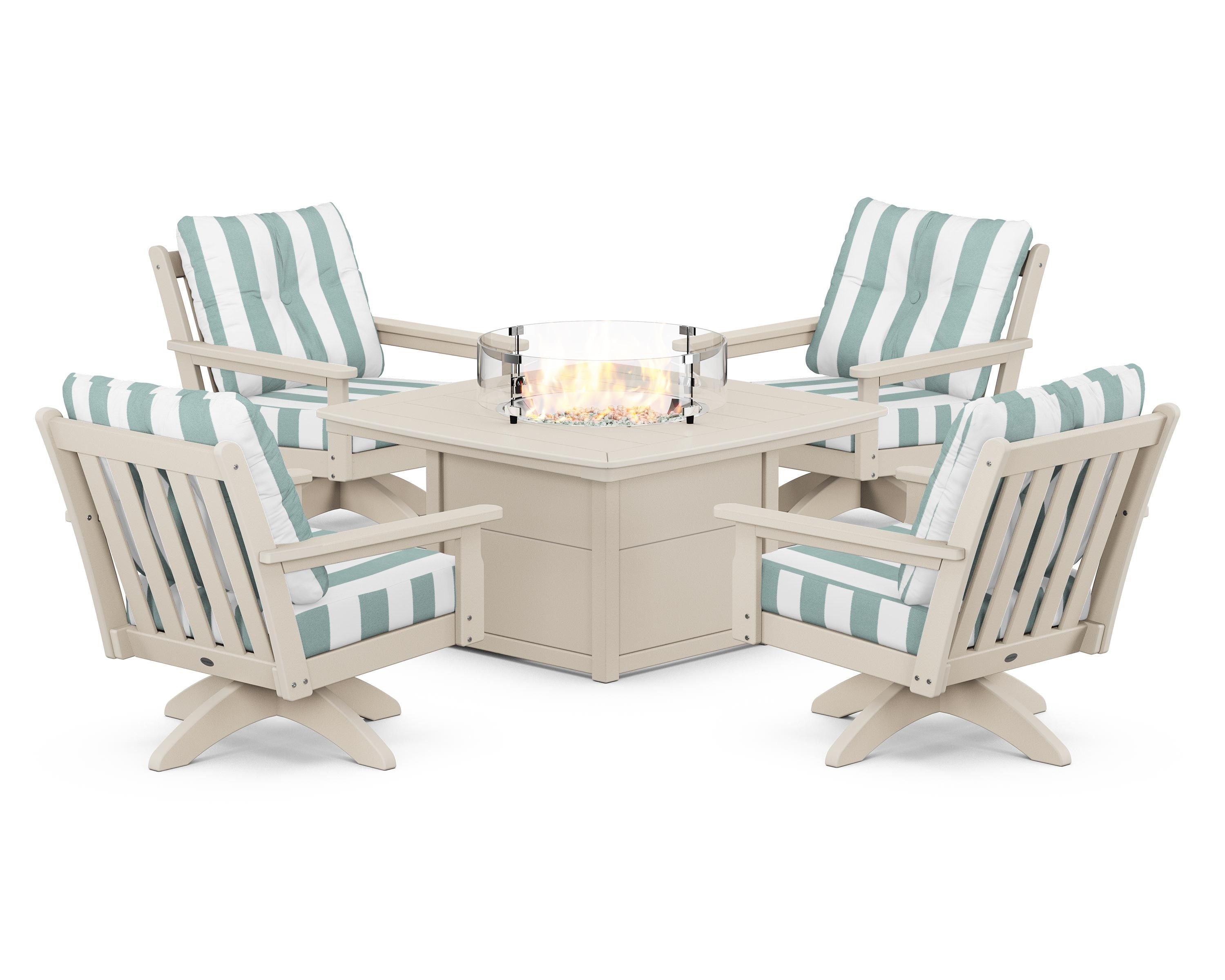 POLYWOOD® Vineyard 5-Piece Deep Seating Swivel Conversation Set with Fire Pit Table in Sand / Cabana Stripe Glacier Spa