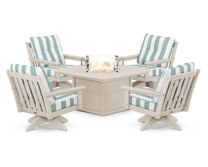 POLYWOOD® Vineyard 5-Piece Deep Seating Swivel Conversation Set with Fire Pit Table in Sand / Cabana Stripe Glacier Spa