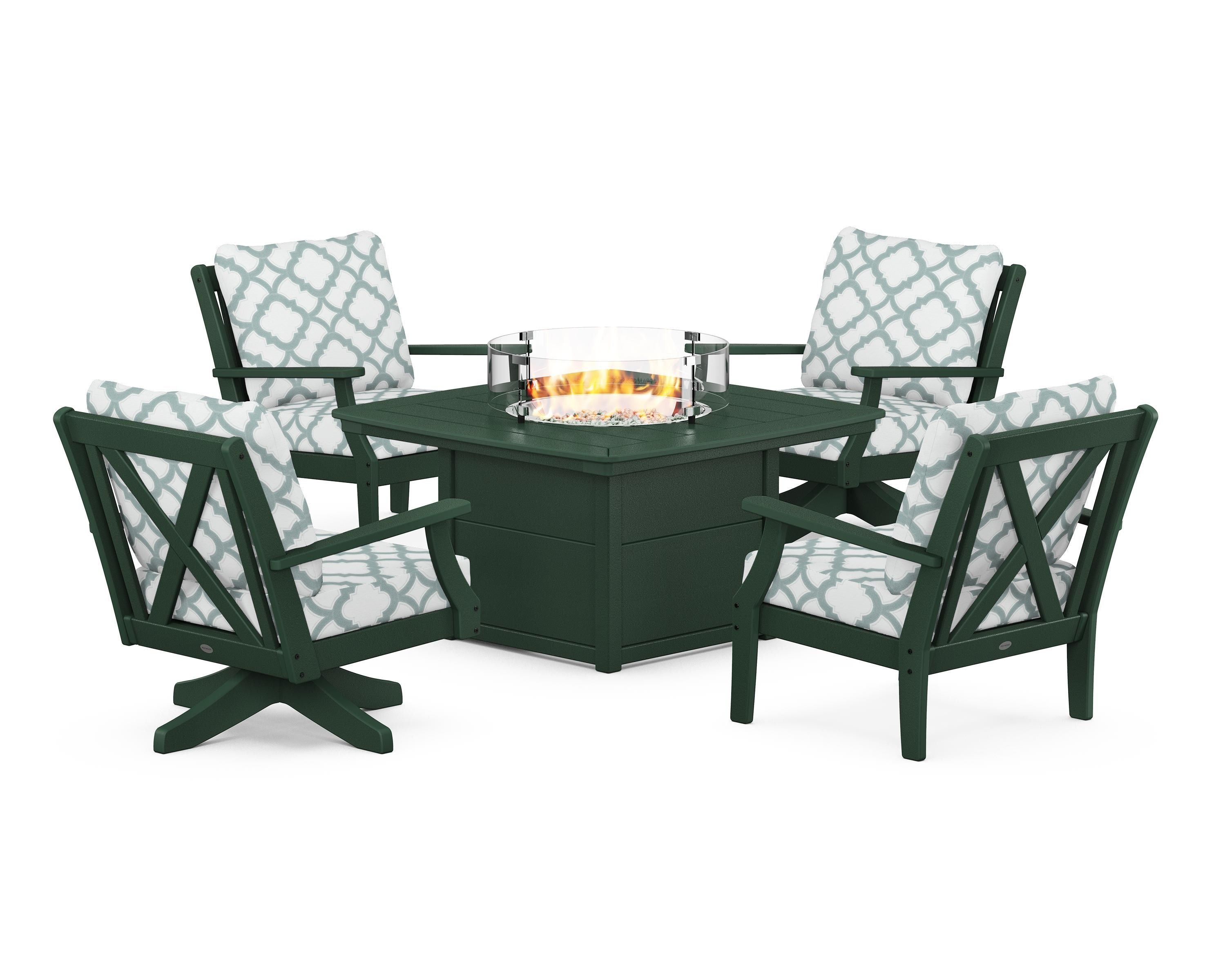 POLYWOOD® Braxton 5-Piece Deep Seating Set with Fire Table in Green / Trellis Glacier Spa
