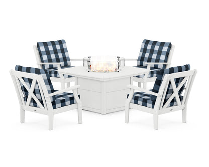 POLYWOOD® Braxton 5-Piece Deep Seating Conversation Set with Fire Pit Table in White / Buffalo Plaid Marine Indigo