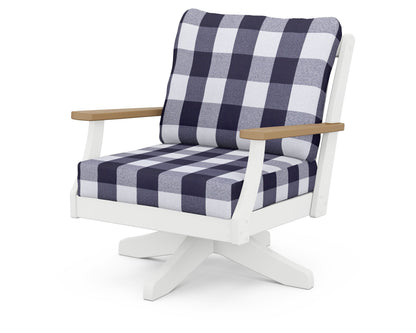 POLYWOOD® Braxton Deep Seating Swivel Chair in White / Natural / Buffalo Plaid Navy