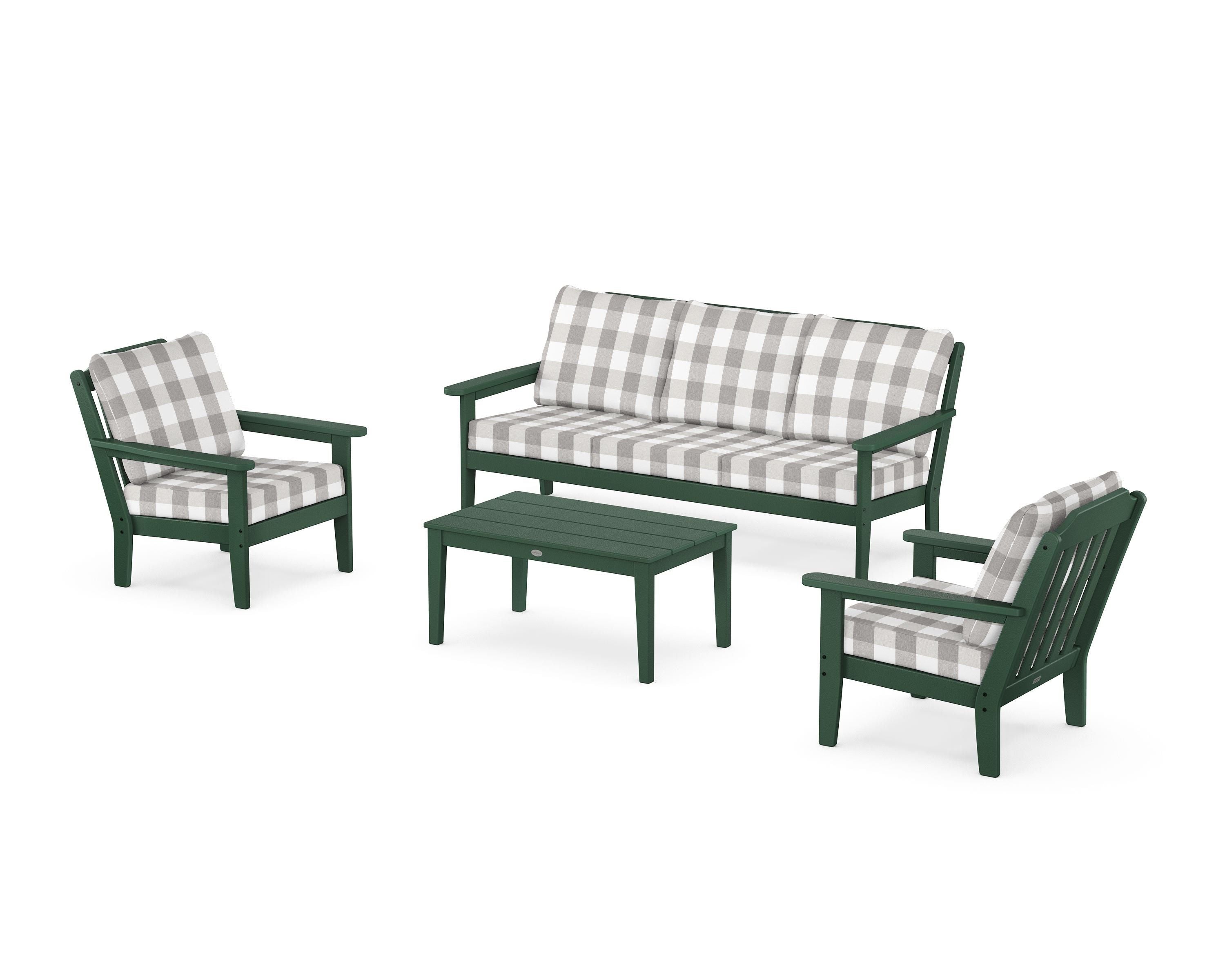 Country Living Cottage 4-Piece Deep Seating Set with Sofa in Green / Buffalo Plaid Grey Mist