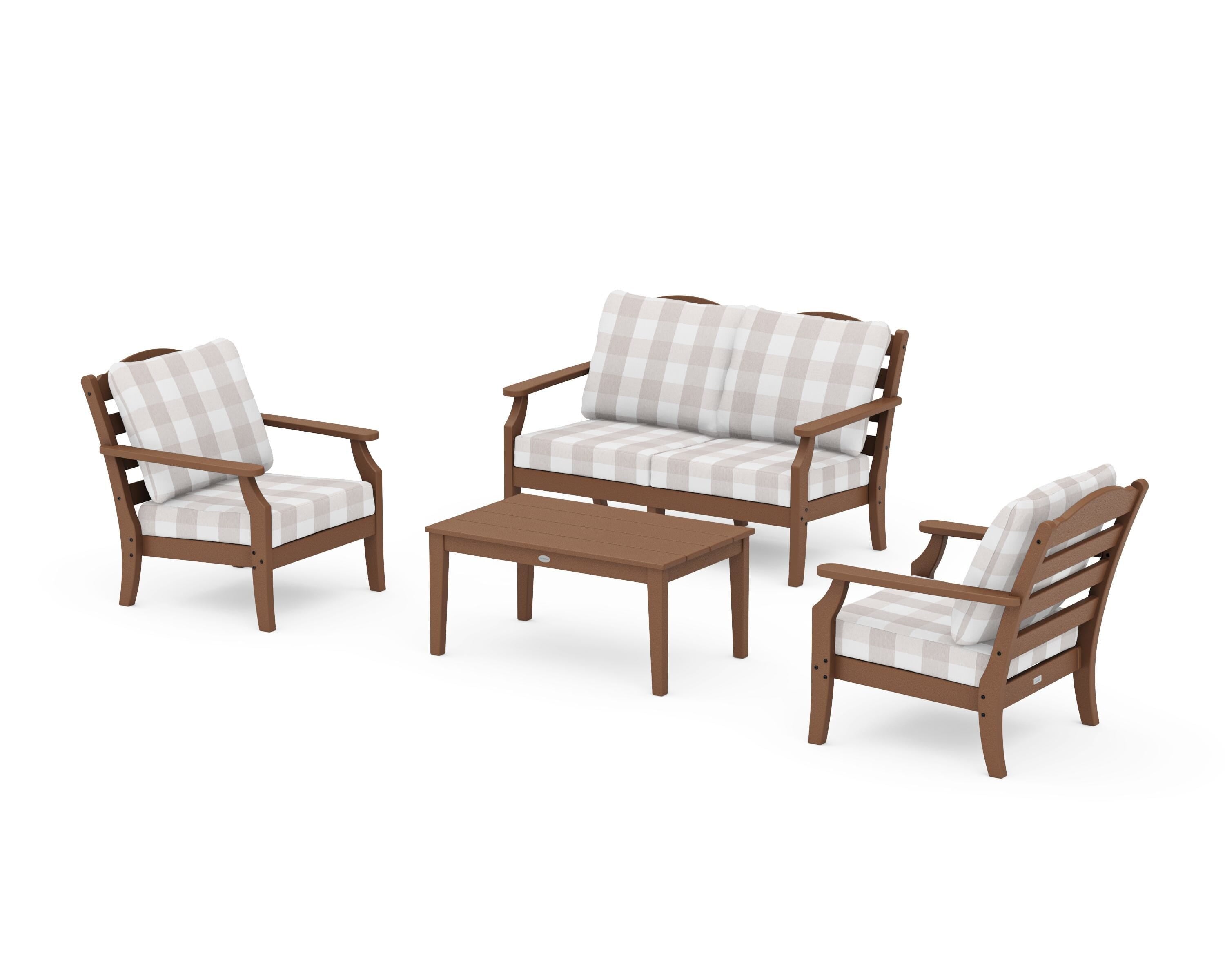 Draper James™ by  POLYWOOD® Savannah 4-Piece Deep Seating Set with Loveseat in Teak / Buffalo Plaid Dune Burlap