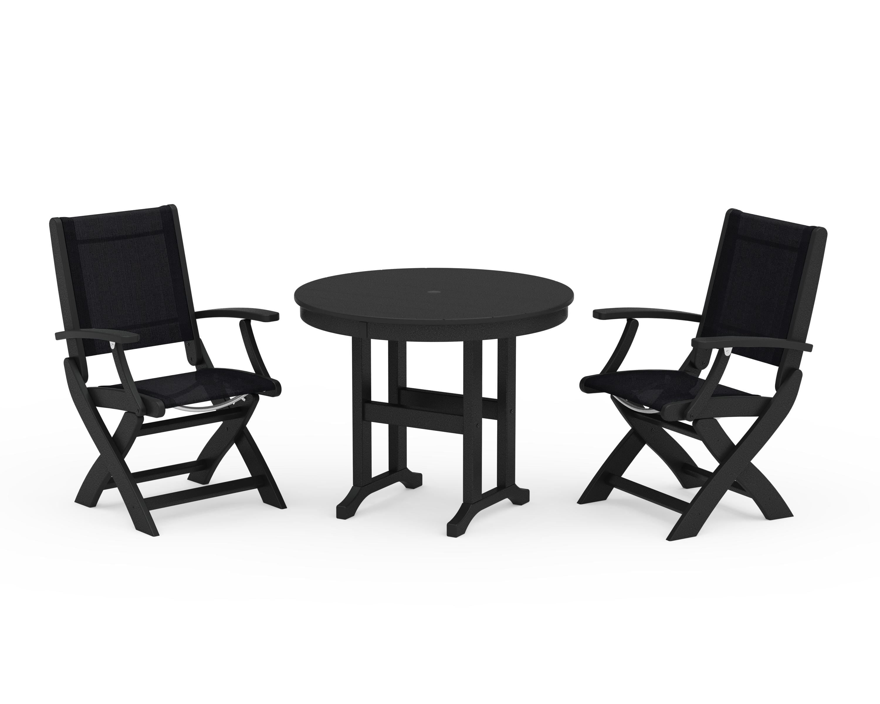 POLYWOOD® Coastal Folding Chair 3-Piece Round Dining Set in Black / Black Sling