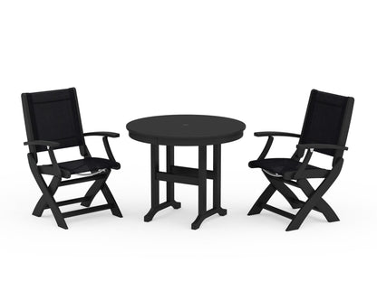POLYWOOD® Coastal Folding Chair 3-Piece Round Dining Set in Black / Black Sling