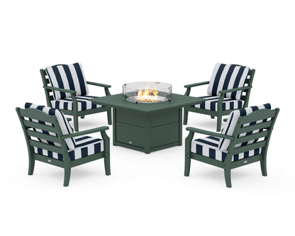 Draper James™ by  POLYWOOD® Savannah 5-Piece Deep Seating Set with Fire Pit Table in Green / Cabana Stripe Marine Indigo