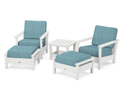 POLYWOOD® Harbour 5-Piece Deep Seating Chair Set in White / Lattice Sky Blue