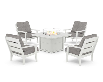 POLYWOOD® Lakeside 5-Piece Deep Seating Set with Nautical Fire Pit Table in White / Grey Mist
