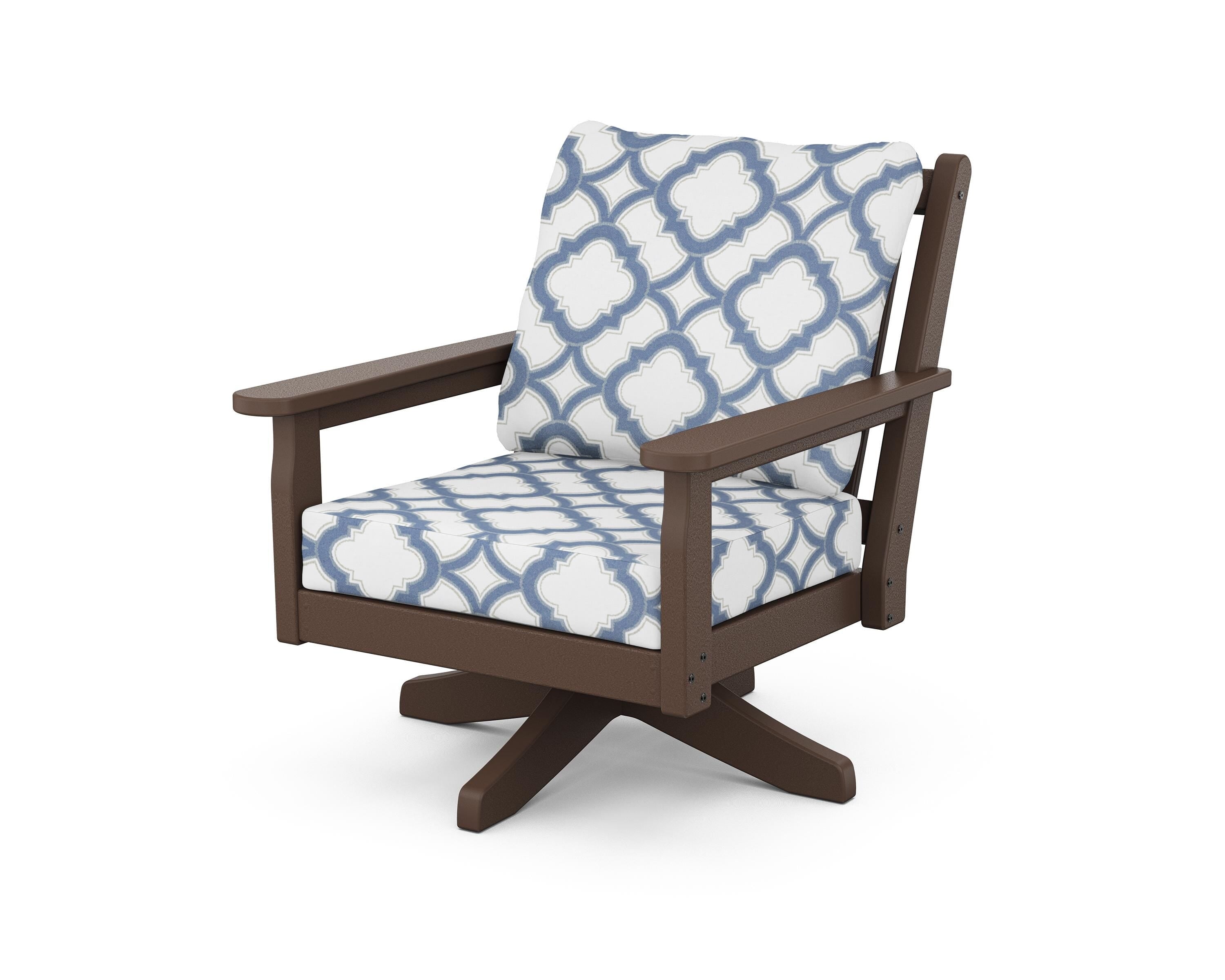 POLYWOOD® Chippendale Deep Seating Swivel Chair in Mahogany / Trellis Sky Blue