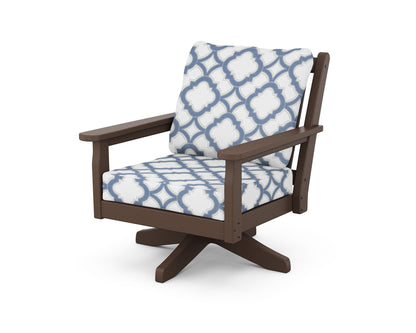 POLYWOOD® Chippendale Deep Seating Swivel Chair in Mahogany / Trellis Sky Blue