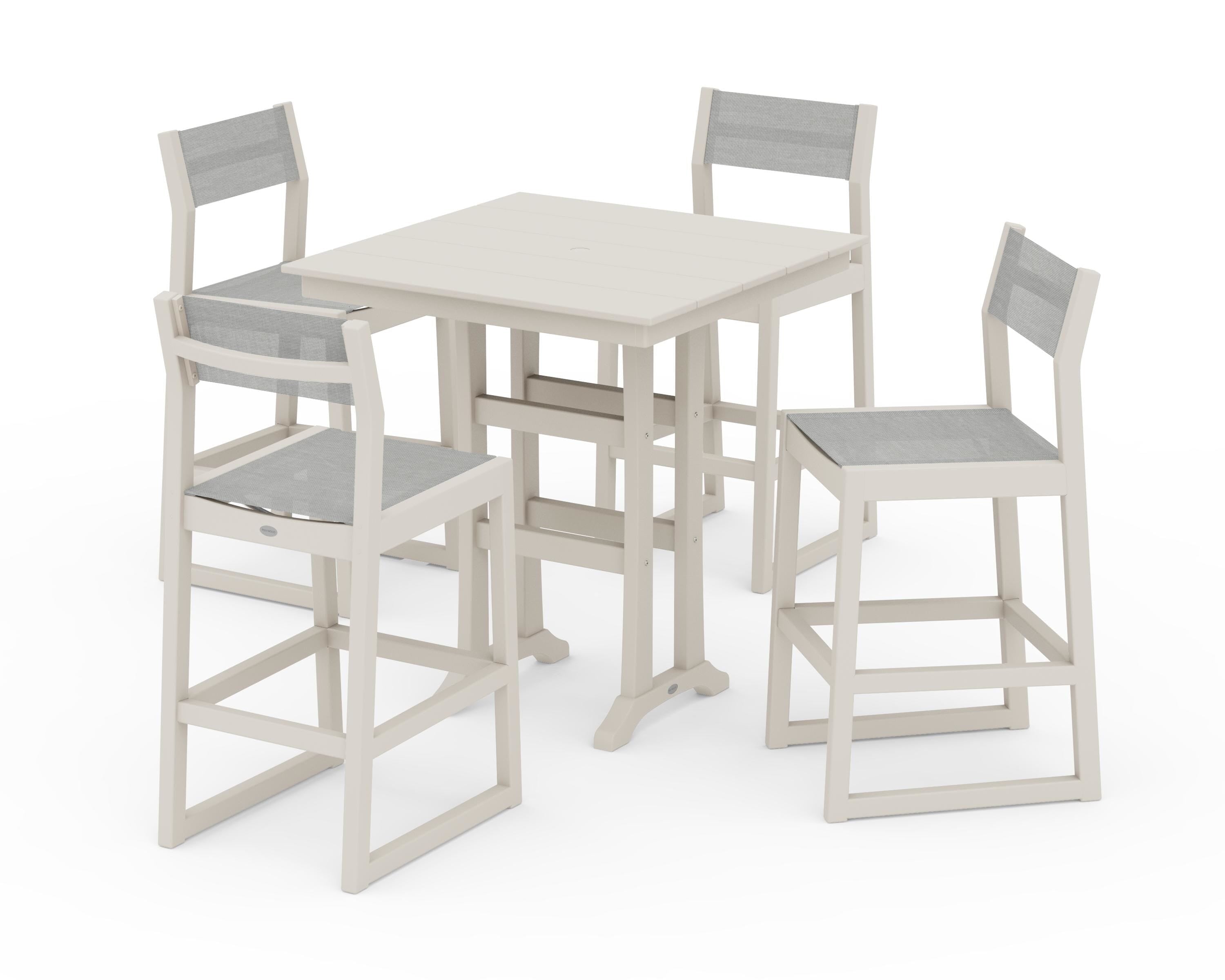 POLYWOOD® EDGE Sling Arm Chair 5-Piece Farmhouse Bar Set with Trestle Legs in Sand / Metallic Sling