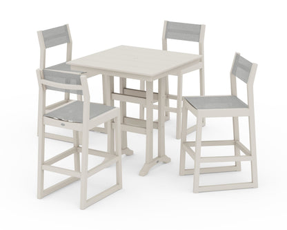 POLYWOOD® EDGE Sling Arm Chair 5-Piece Farmhouse Bar Set with Trestle Legs in Sand / Metallic Sling