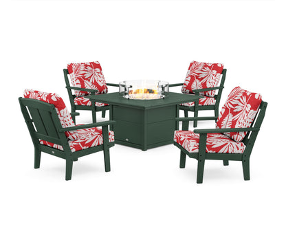 POLYWOOD® Mission 5-Piece Deep Seating Set with Fire Pit Table in Green / Leaf Crimson