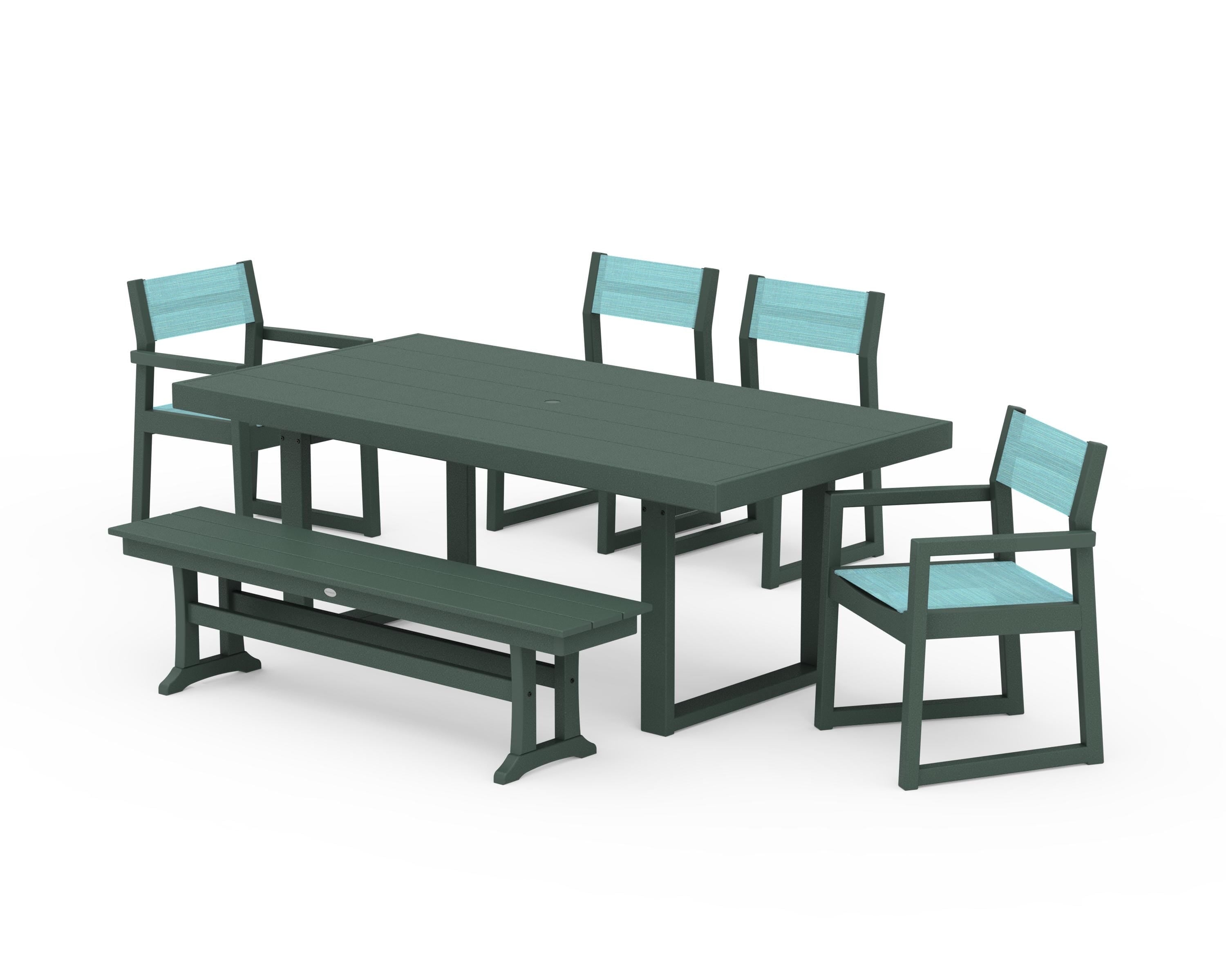 POLYWOOD® EDGE Sling 6-Piece Dining Set with Bench in Green / Dupioni Aquamarine Sling