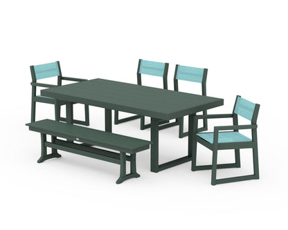 POLYWOOD® EDGE Sling 6-Piece Dining Set with Bench in Green / Dupioni Aquamarine Sling