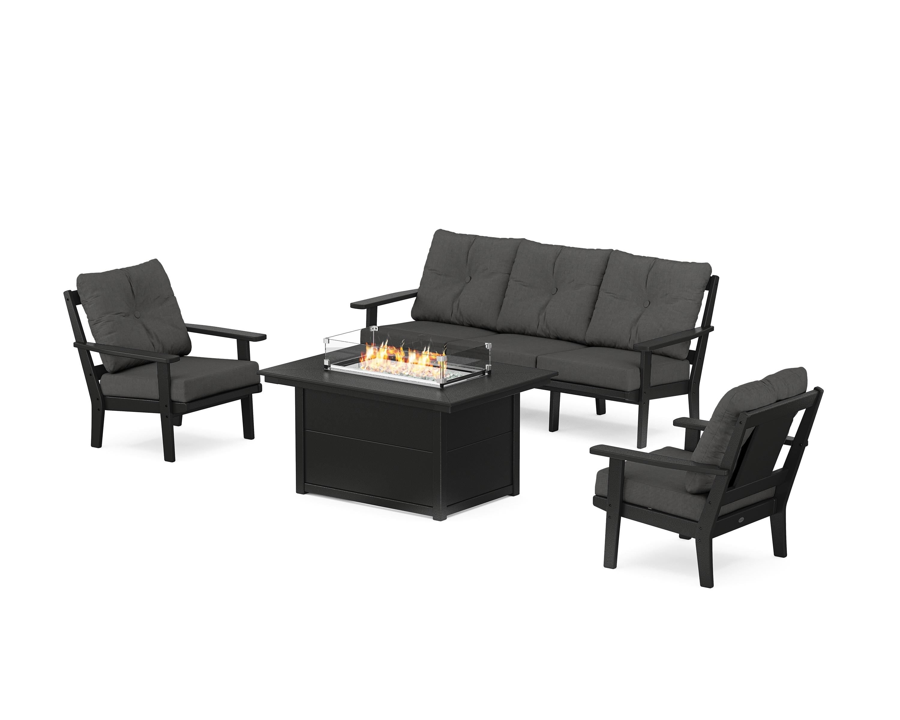 POLYWOOD® Prairie Deep Seating Fire Pit Table Set in Black / Spectrum Carbon