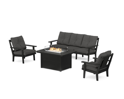 POLYWOOD® Prairie Deep Seating Fire Pit Table Set in Black / Spectrum Carbon