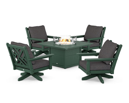 POLYWOOD® Chippendale 5-Piece Deep Seating Swivel Conversation Set with Fire Pit Table in Green / Ash Charcoal