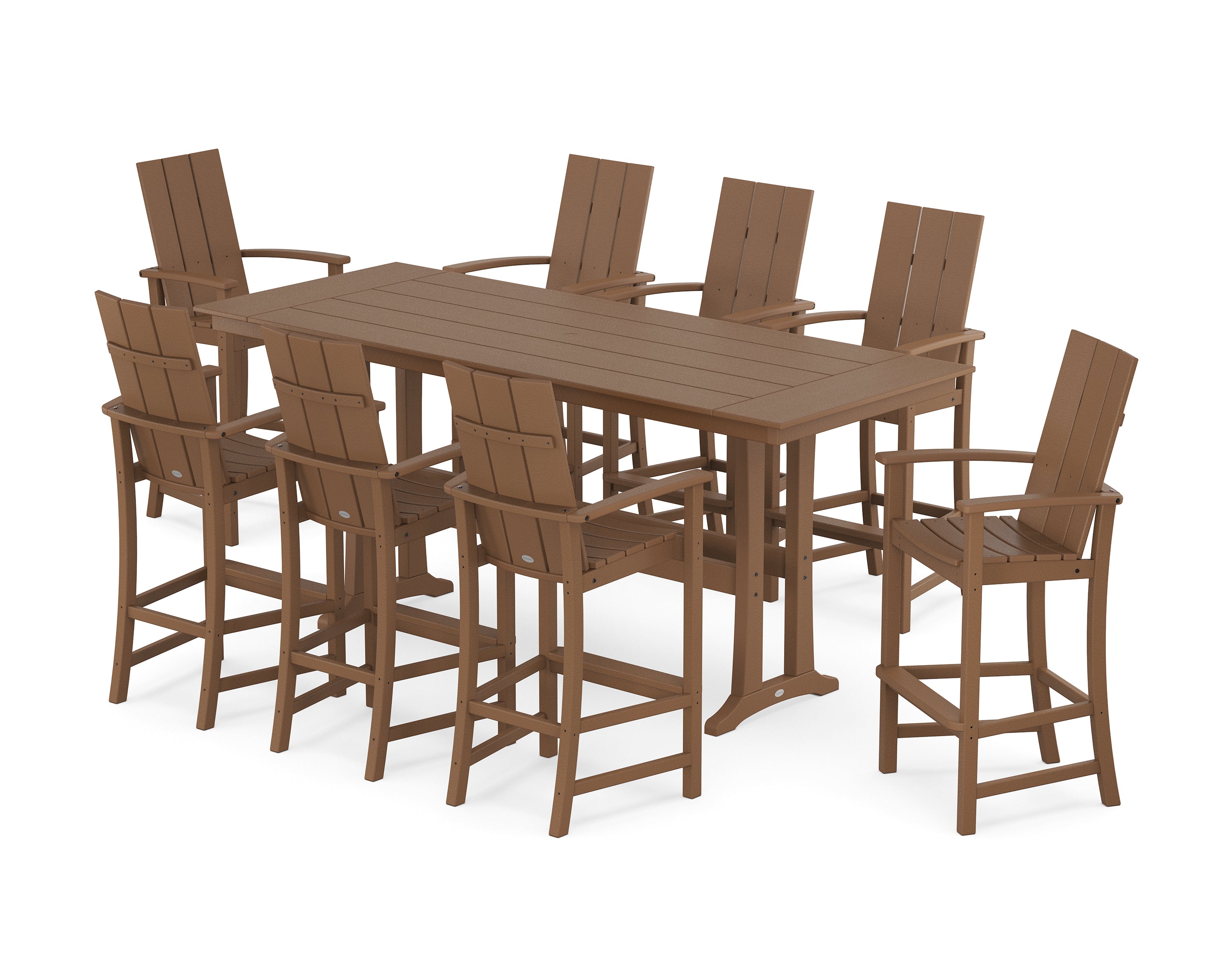 POLYWOOD® Modern Adirondack 9-Piece Farmhouse Bar Set with Trestle Legs in Teak