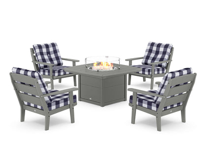 POLYWOOD® Lakeside 5-Piece Deep Seating Set with Nautical Fire Pit Table in Slate Grey / Buffalo Plaid Navy