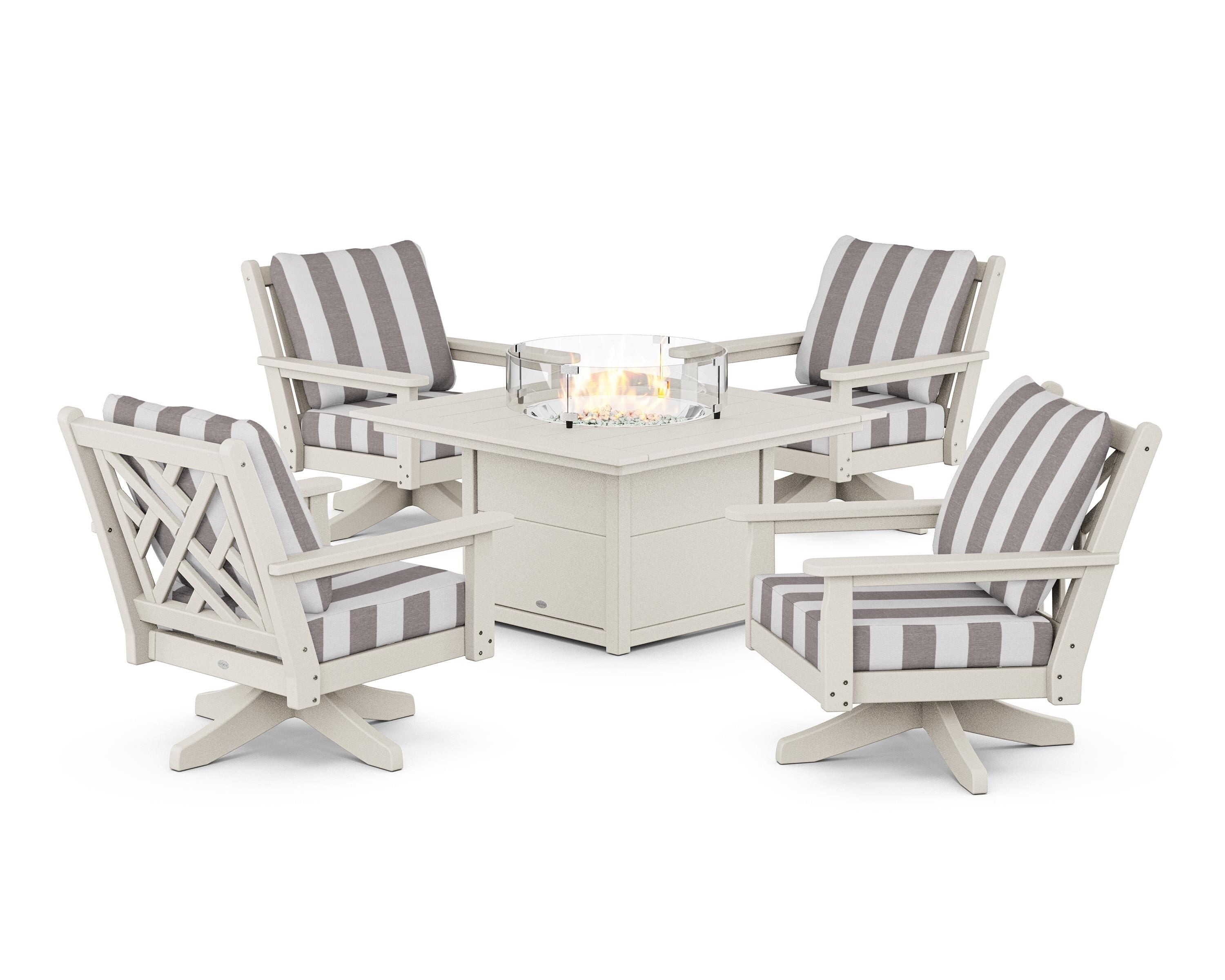 POLYWOOD® Chippendale 5-Piece Deep Seating Swivel Conversation Set with Fire Pit Table in Sand / Cabana Stripe Grey Mist