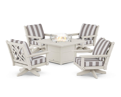 POLYWOOD® Chippendale 5-Piece Deep Seating Swivel Conversation Set with Fire Pit Table in Sand / Cabana Stripe Grey Mist