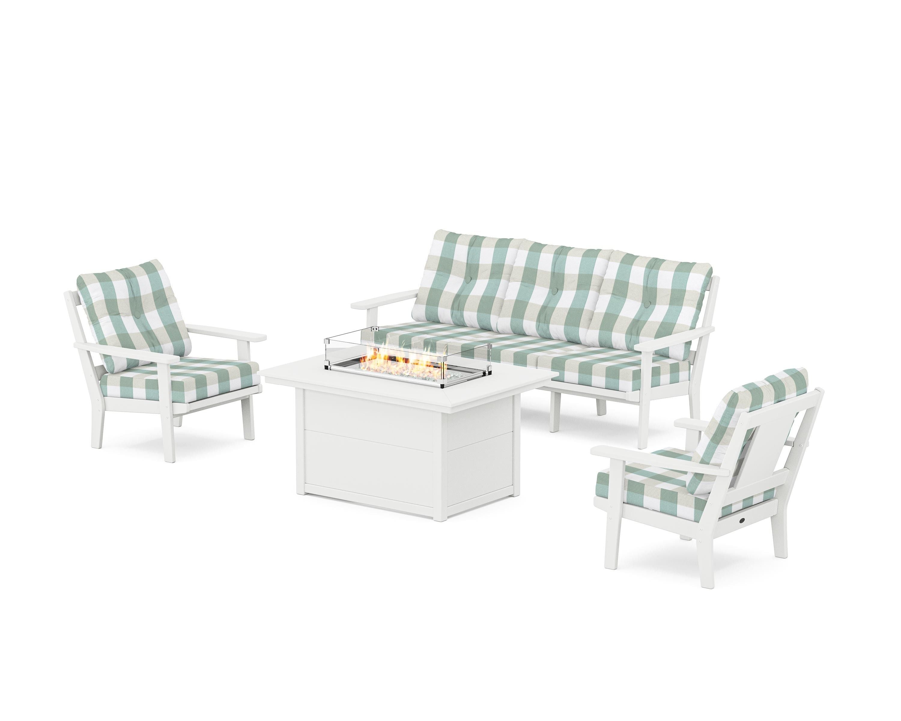 POLYWOOD® Prairie Deep Seating Fire Pit Table Set in White / Buffalo Plaid Glacier Spa