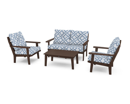 POLYWOOD® Lakeside 4-Piece Deep Seating Set in Mahogany / Trellis Sky Blue