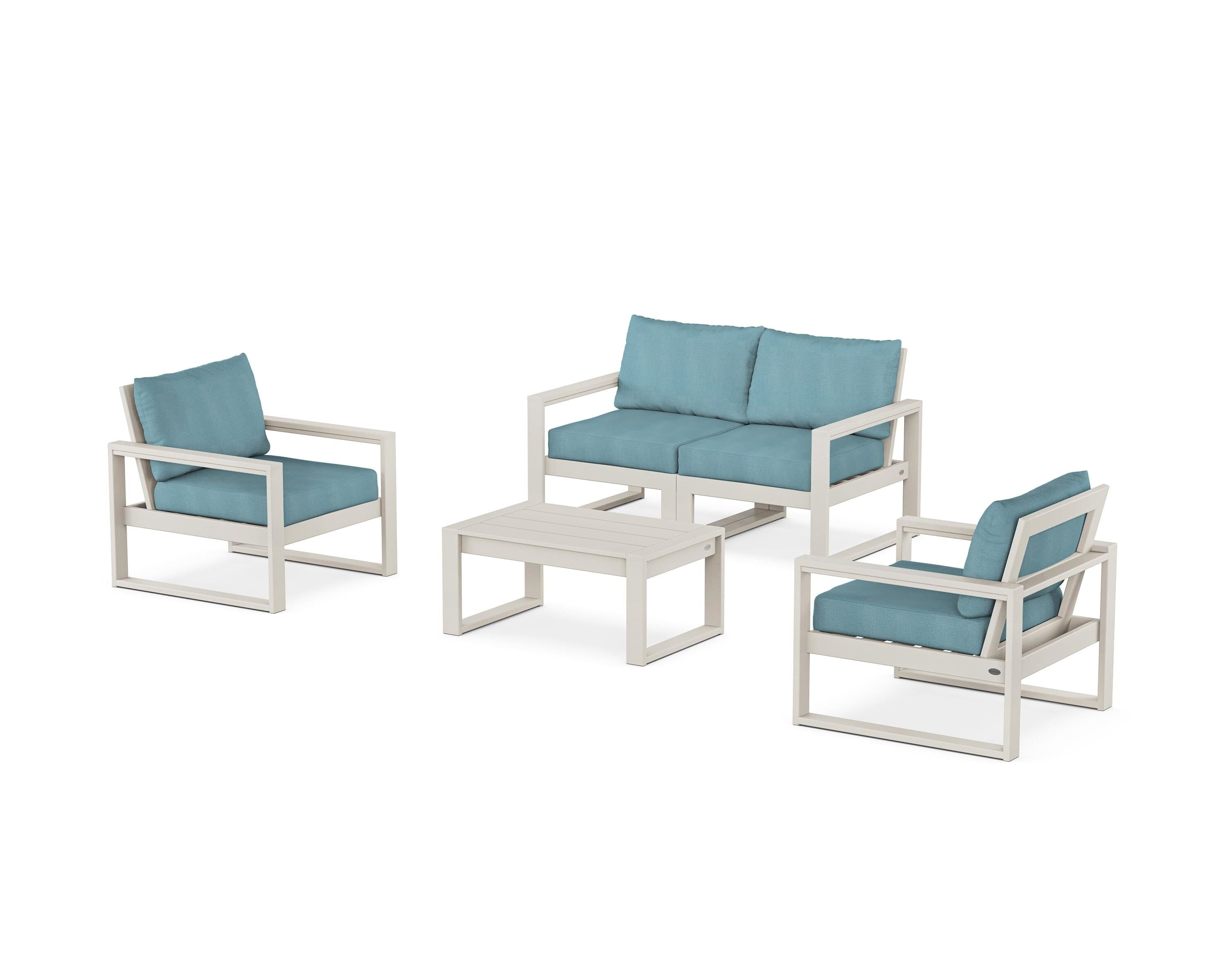POLYWOOD® EDGE Sectional 4-Piece Deep Seating Set with Loveseat in Sand / Lattice Sky Blue