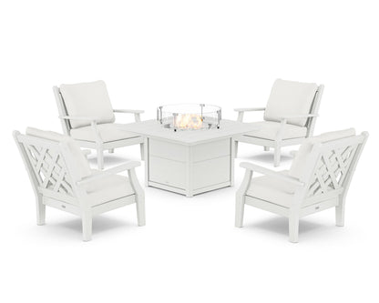 Country Living Wovendale 5-Piece Deep Seating Set with Fire Pit Table in White / Natural Linen