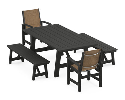 POLYWOOD® Coastal 5-Piece Rustic Farmhouse Dining Set With Benches in Black / Burlap Sling