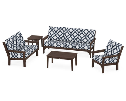 POLYWOOD® Vineyard 5 Piece Deep Seating Set in Mahogany / Trellis Marine Indigo