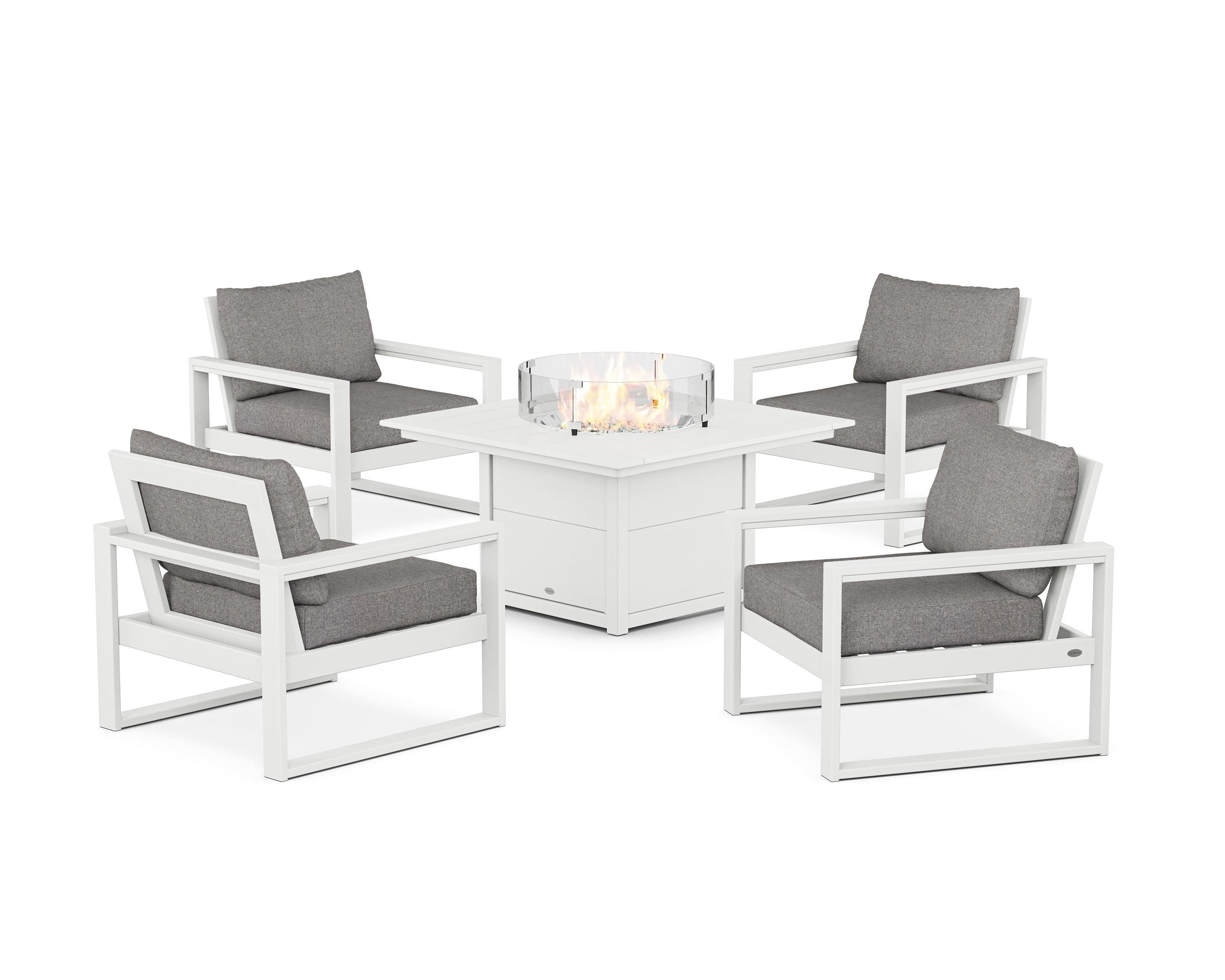 POLYWOOD® EDGE Sectional 5-Piece Deep Seating Set with Fire Pit Table in White / Grey Mist