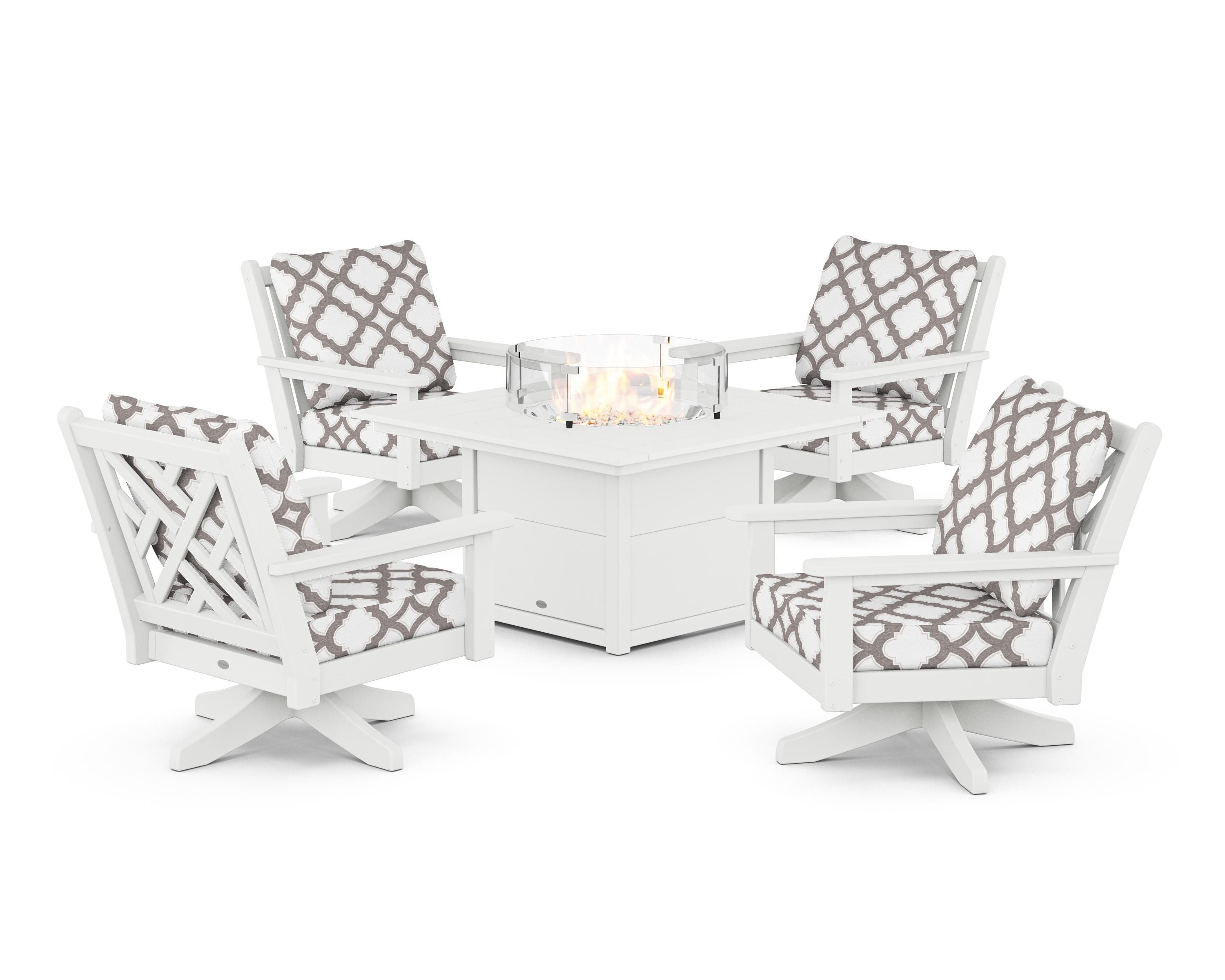 POLYWOOD® Chippendale 5-Piece Deep Seating Swivel Conversation Set with Fire Pit Table in White / Trellis Grey Mist