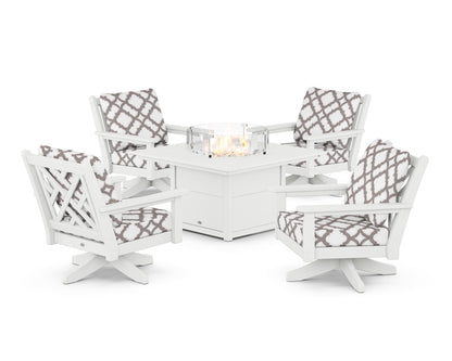 POLYWOOD® Chippendale 5-Piece Deep Seating Swivel Conversation Set with Fire Pit Table in White / Trellis Grey Mist