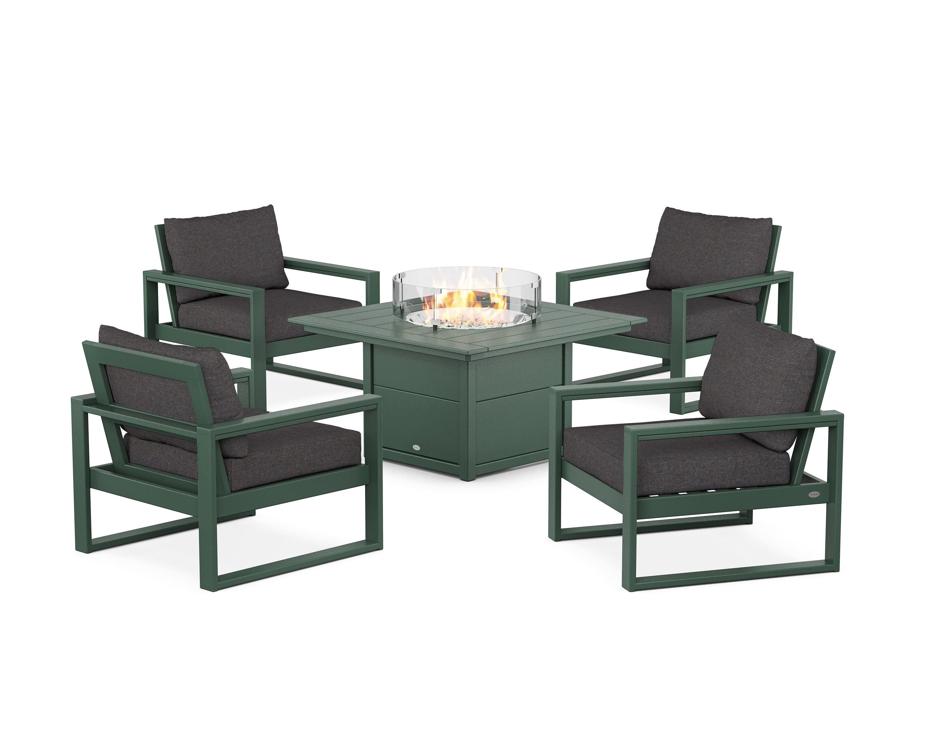POLYWOOD® EDGE Sectional 5-Piece Deep Seating Set with Fire Pit Table in Green / Ash Charcoal
