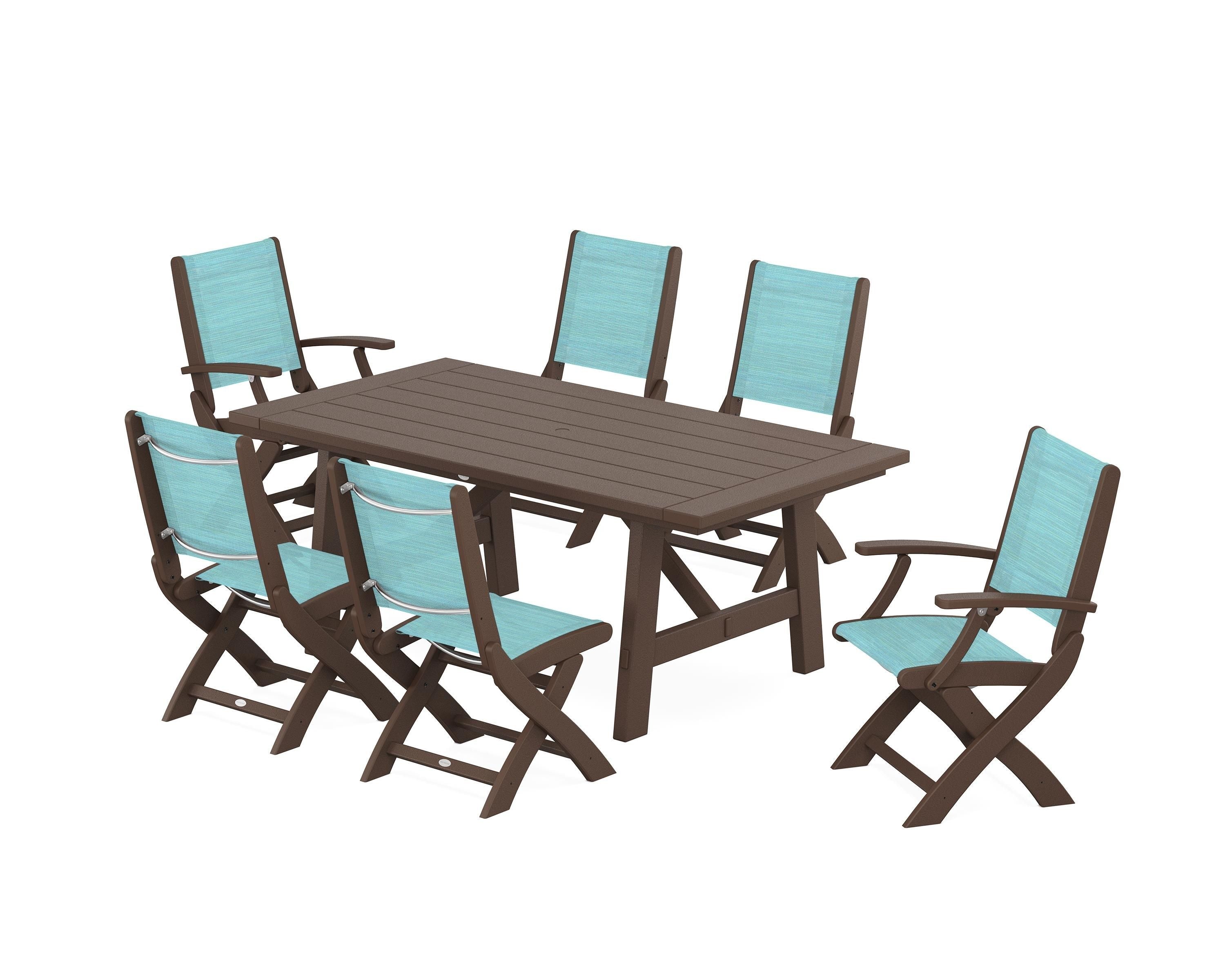 POLYWOOD® Coastal Folding Chair 7-Piece Rustic Farmhouse Dining Set in Mahogany / Dupioni Aquamarine Sling