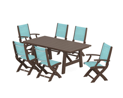 POLYWOOD® Coastal Folding Chair 7-Piece Rustic Farmhouse Dining Set in Mahogany / Dupioni Aquamarine Sling