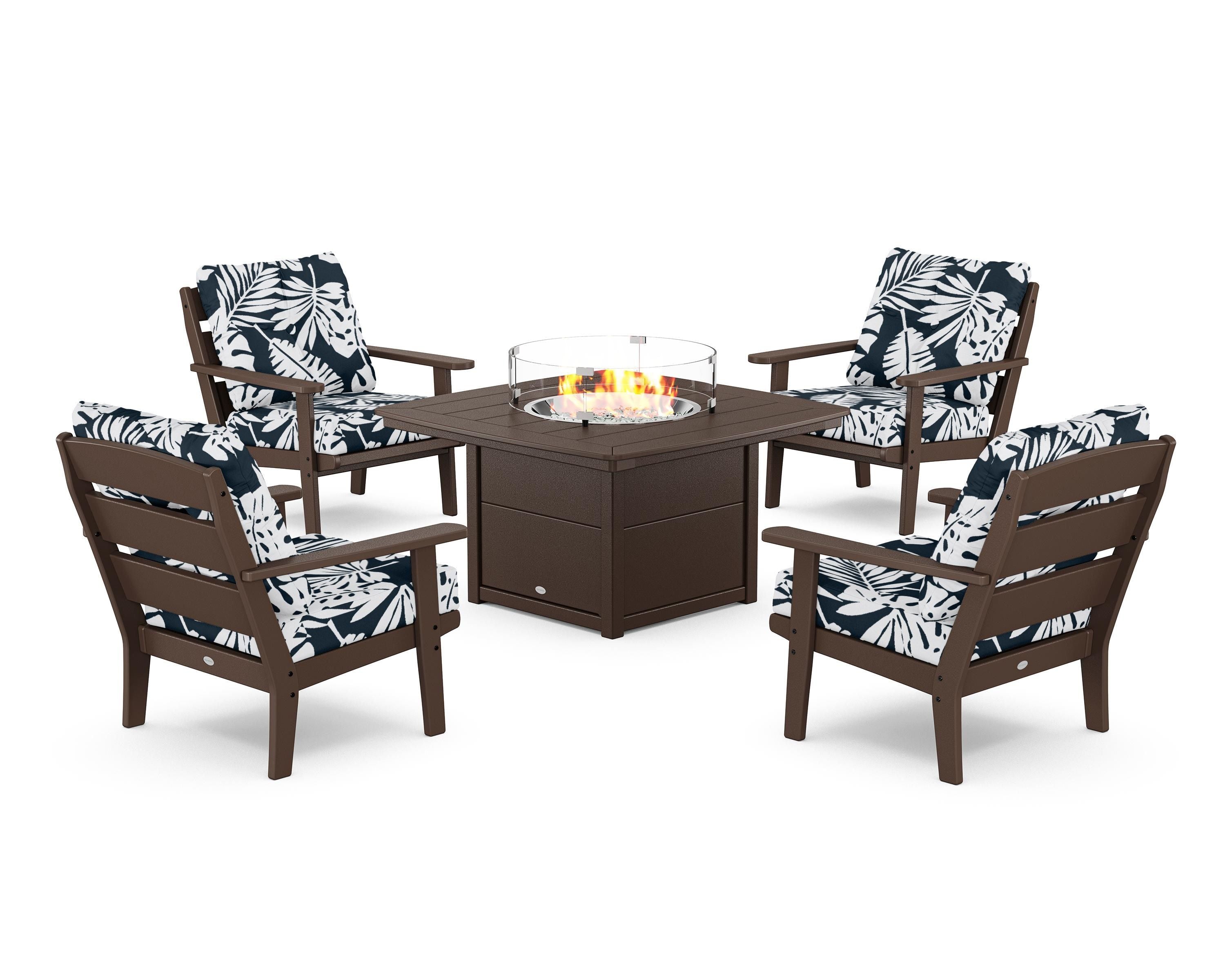 POLYWOOD® Lakeside 5-Piece Deep Seating Set with Nautical Fire Pit Table in Mahogany / Leaf Marine Indigo