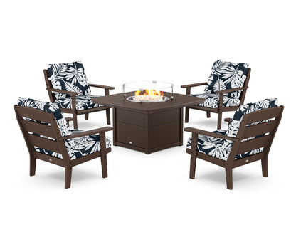 POLYWOOD® Lakeside 5-Piece Deep Seating Set with Nautical Fire Pit Table in Mahogany / Leaf Marine Indigo