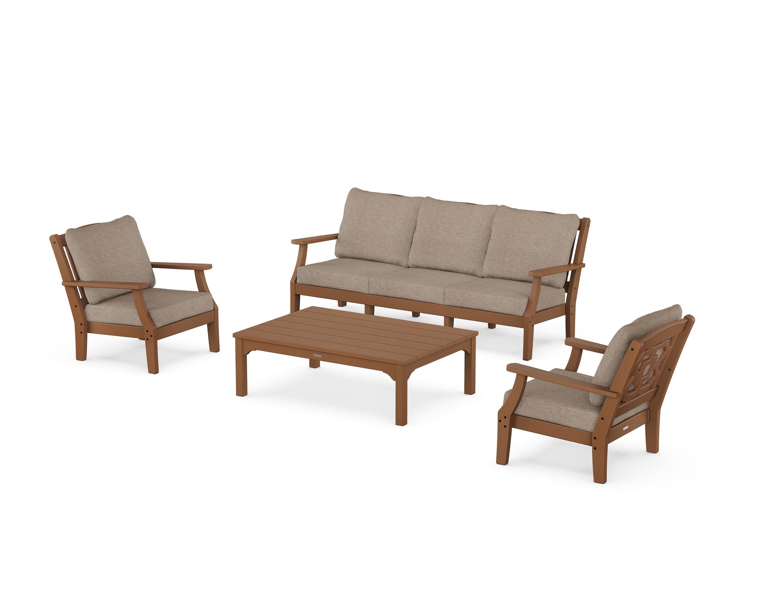 Martha Stewart by POLYWOOD® Chinoiserie 4-Piece Deep Seating Set with Sofa in Teak / Spiced Burlap