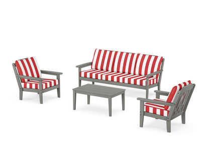 Country Living Cottage 4-Piece Deep Seating Set with Sofa in Slate Grey / Cabana Stripe Crimson
