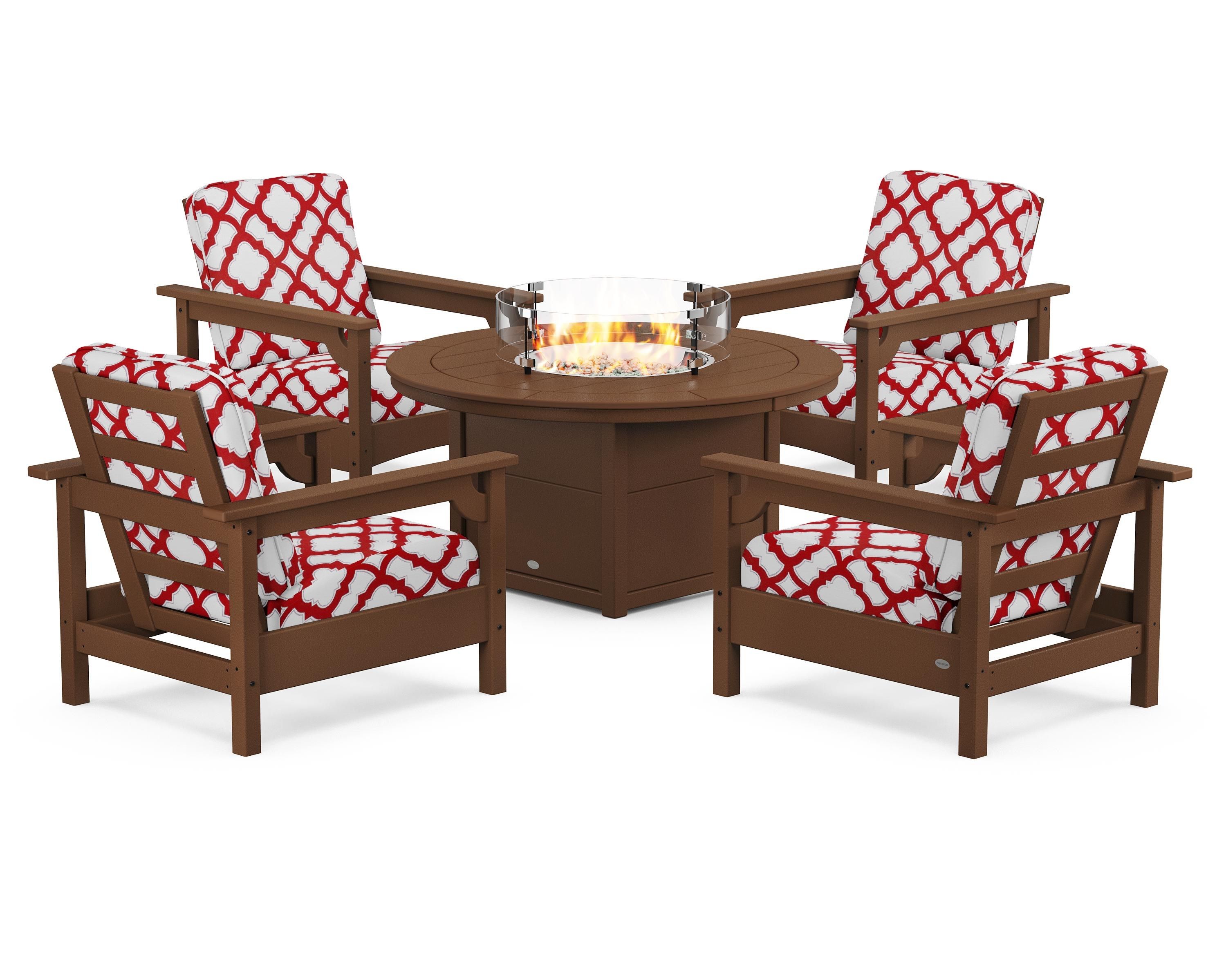 POLYWOOD® Club 5-Piece Conversation Set with Fire Pit Table in Teak / Trellis Crimson