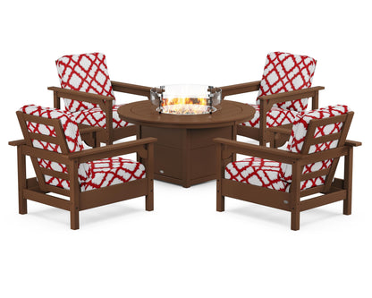 POLYWOOD® Club 5-Piece Conversation Set with Fire Pit Table in Teak / Trellis Crimson